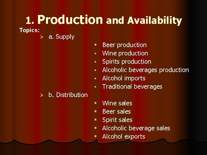 1. Production and Availability Topics: Ø a. Supply § Beer production § Wine production