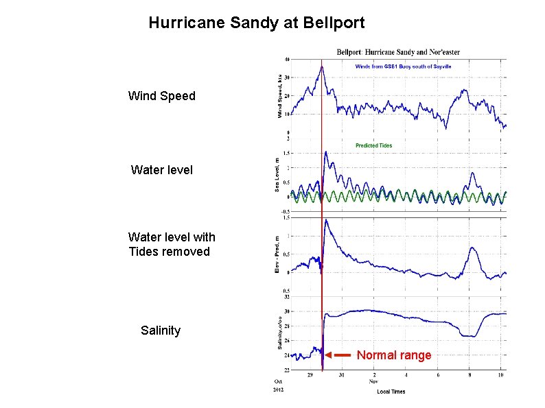 Hurricane Sandy at Bellport Wind Speed Water level with Tides removed Salinity Normal range
