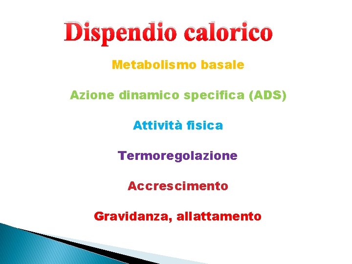 Dispendio calorico Metabolismo basale Azione dinamico specifica (ADS) Attività fisica Termoregolazione Accrescimento Gravidanza, allattamento
