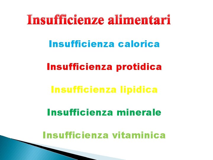 Insufficienze alimentari Insufficienza calorica Insufficienza protidica Insufficienza lipidica Insufficienza minerale Insufficienza vitaminica 