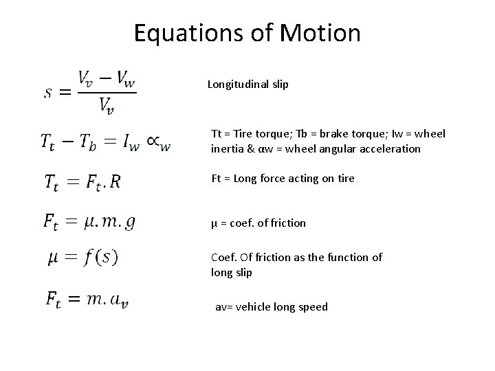 Equations of Motion Longitudinal slip Tt = Tire torque; Tb = brake torque; Iw