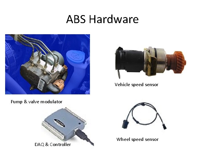 ABS Hardware Vehicle speed sensor Pump & valve modulator DAQ & Controller Wheel speed