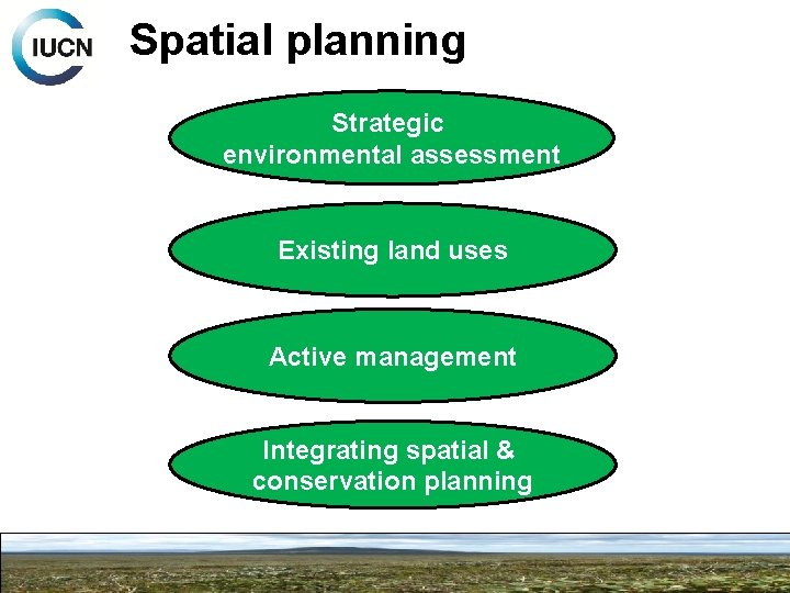 Spatial planning Strategic environmental assessment Existing land uses Active management Integrating spatial & conservation