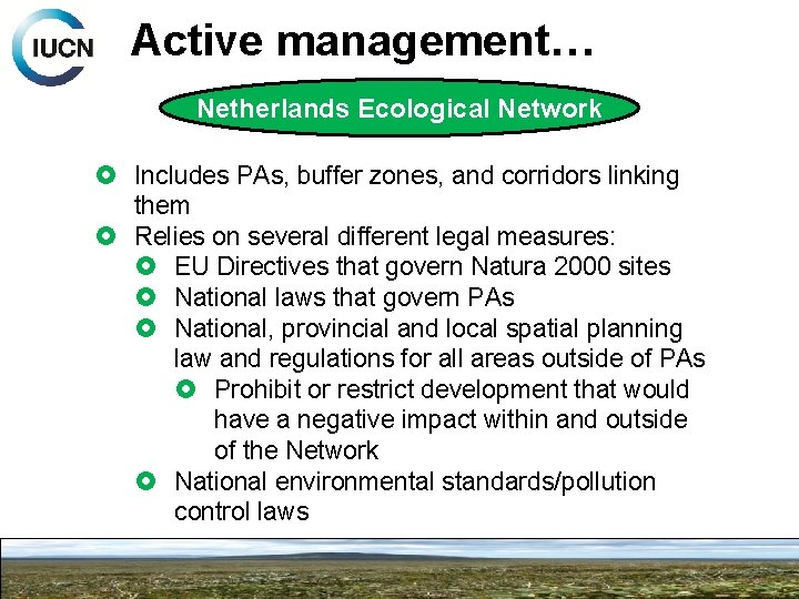 Active management… Netherlands Ecological Network Includes PAs, buffer zones, and corridors linking them Relies