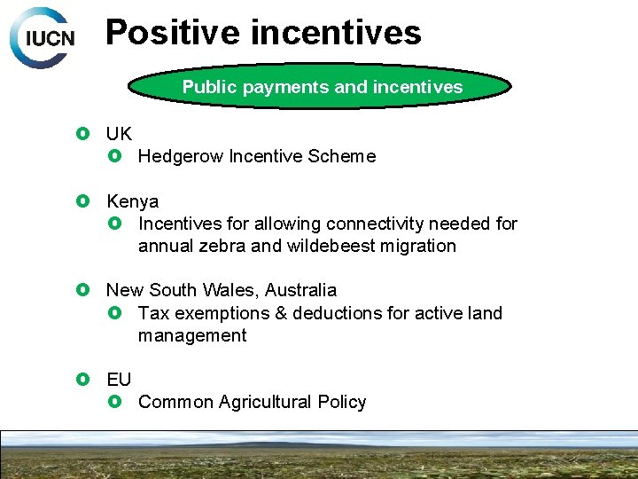 Positive incentives Public payments and incentives UK Hedgerow Incentive Scheme Kenya Incentives for allowing