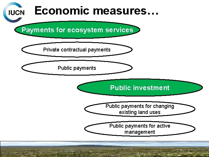 Economic measures… Payments for ecosystem services Private contractual payments Public investment Public payments for