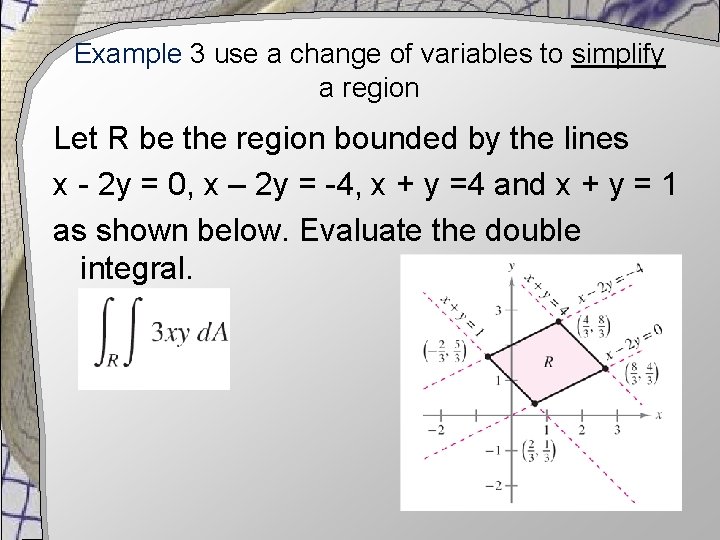 Example 3 use a change of variables to simplify a region Let R be