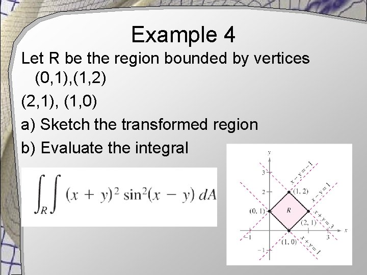 Example 4 Let R be the region bounded by vertices (0, 1), (1, 2)