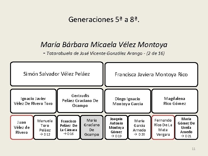 Generaciones 5ª a 8ª. María Bárbara Micaela Vélez Montoya - Tatarabuela de José Vicente