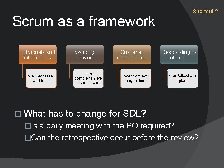 Shortcut 2 Scrum as a framework Individuals and interactions over processes and tools �