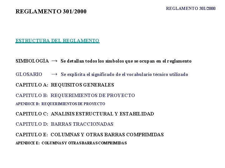 REGLAMENTO 301/2000 ESTRUCTURA DEL REGLAMENTO SIMBOLOGÍA → Se detallan todos los símbolos que se