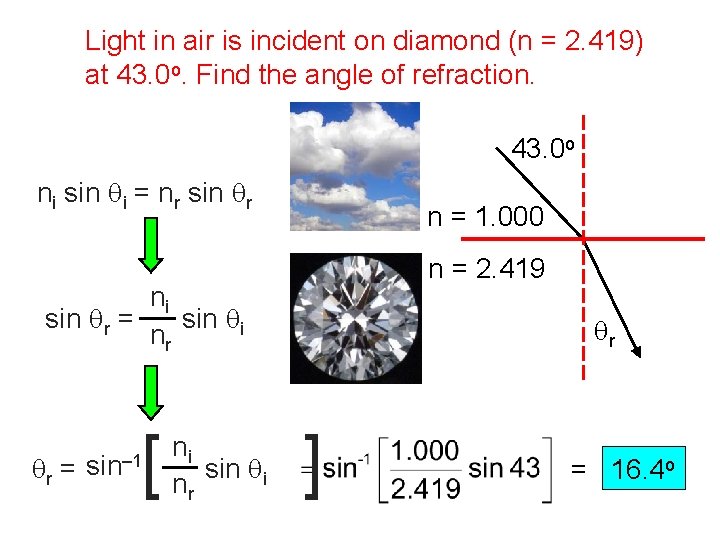 Light in air is incident on diamond (n = 2. 419) at 43. 0