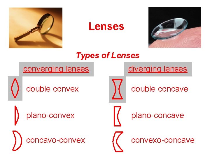 Lenses Types of Lenses converging lenses diverging lenses double convex double concave plano-convex plano-concave