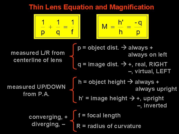 Thin Lens Equation and Magnification measured L/R from centerline of lens measured UP/DOWN from
