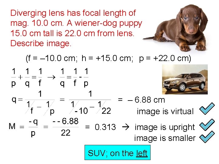 Diverging lens has focal length of mag. 10. 0 cm. A wiener-dog puppy 15.