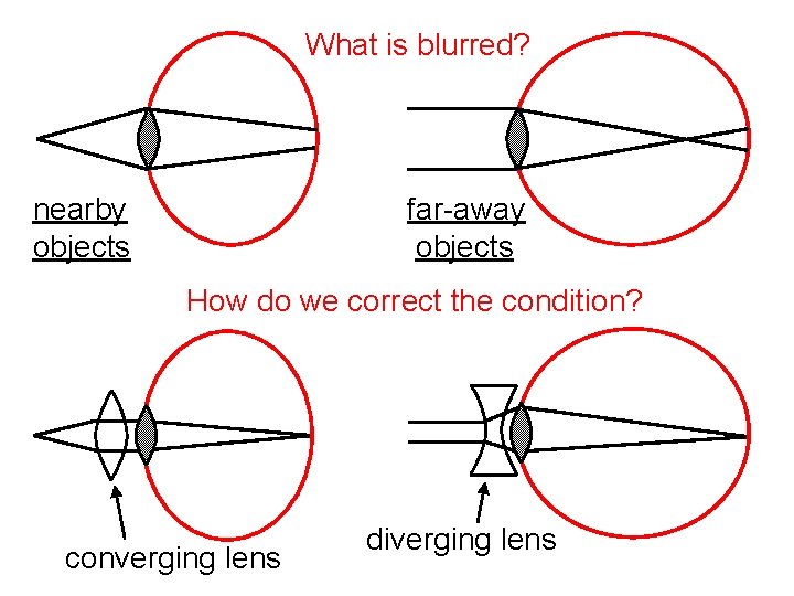 What is blurred? nearby objects far-away objects How do we correct the condition? converging