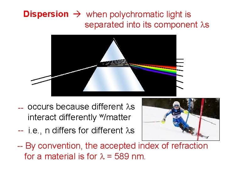 Dispersion when polychromatic light is separated into its component ls -- occurs because different