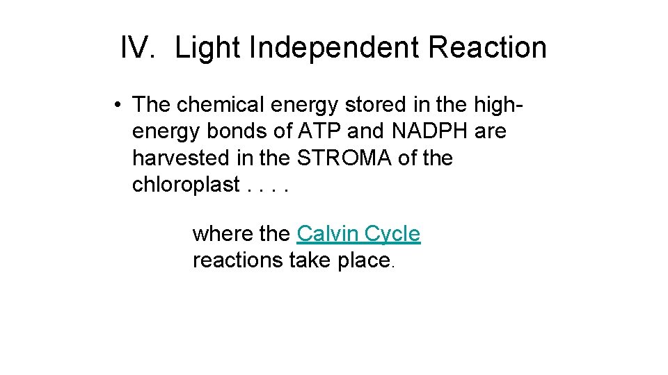 IV. Light Independent Reaction • The chemical energy stored in the highenergy bonds of