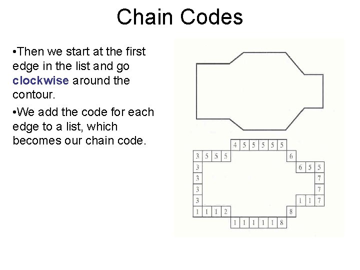 Chain Codes • Then we start at the first edge in the list and