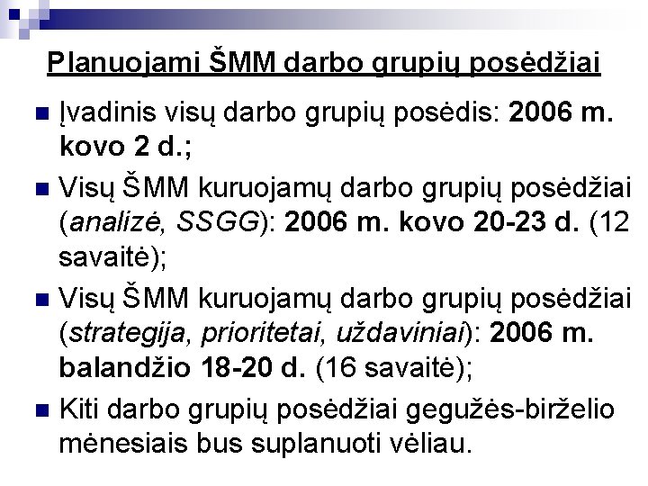 Planuojami ŠMM darbo grupių posėdžiai Įvadinis visų darbo grupių posėdis: 2006 m. kovo 2