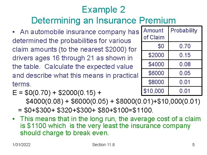 Example 2 Determining an Insurance Premium • An automobile insurance company has Amount Probability