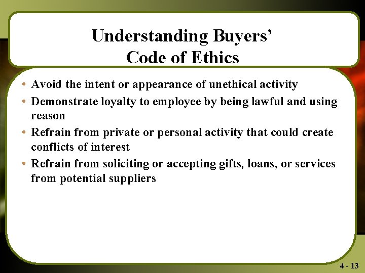 Understanding Buyers’ Code of Ethics • Avoid the intent or appearance of unethical activity