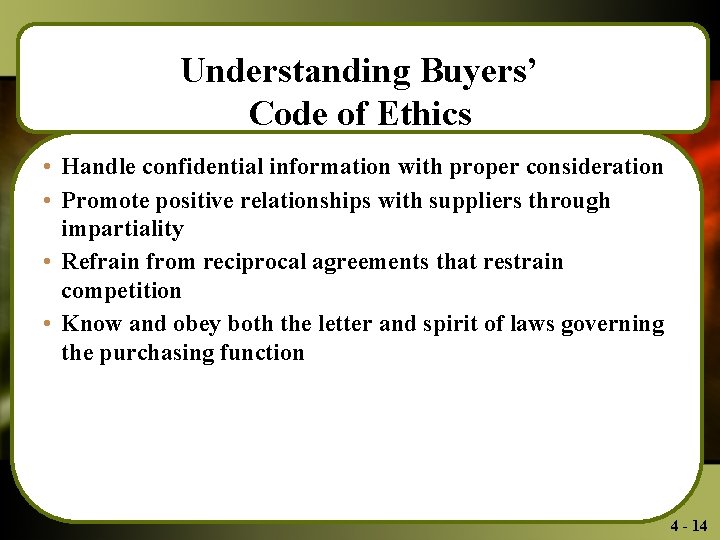 Understanding Buyers’ Code of Ethics • Handle confidential information with proper consideration • Promote