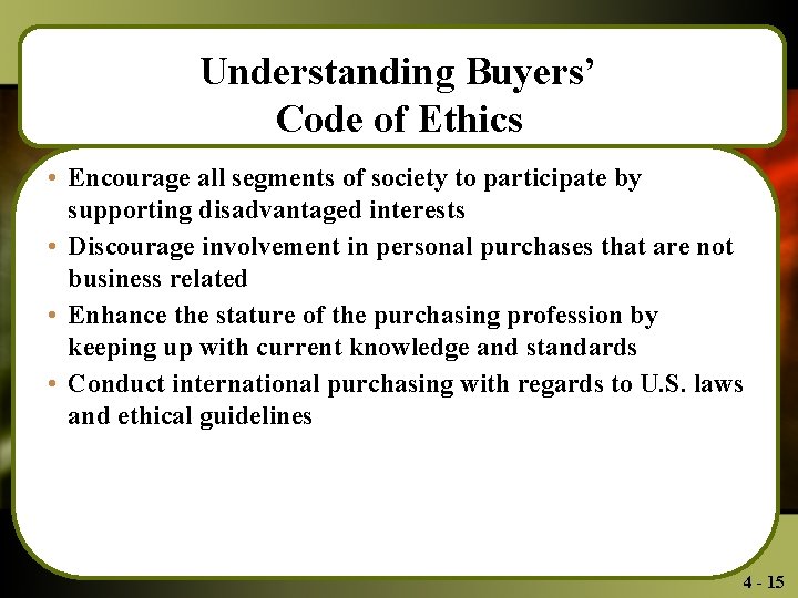 Understanding Buyers’ Code of Ethics • Encourage all segments of society to participate by