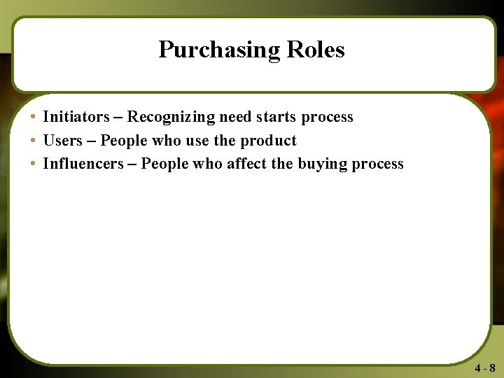 Purchasing Roles • Initiators – Recognizing need starts process • Users – People who