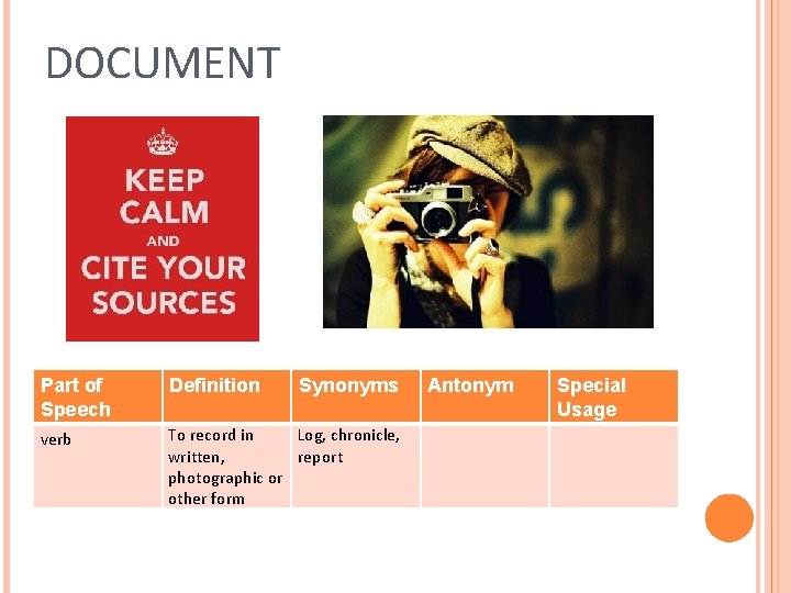DOCUMENT Part of Speech Definition Synonyms verb To record in Log, chronicle, written, report