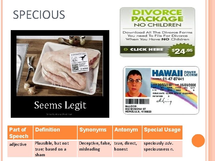 SPECIOUS Part of Speech Definition Synonyms Antonym adjective Plausible, but not true; based on