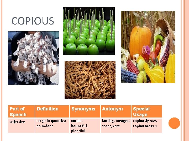 COPIOUS Part of Speech Definition Synonyms Antonym Special Usage adjective Large in quantity; abundant