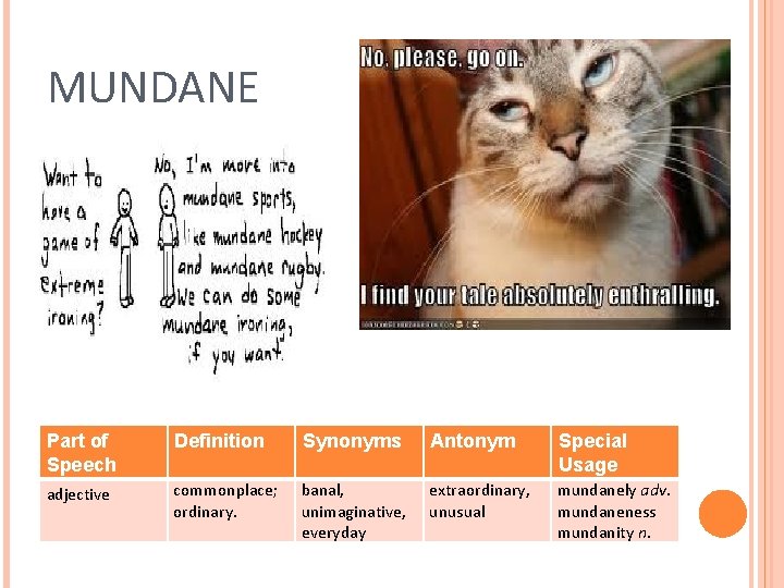 MUNDANE Part of Speech Definition Synonyms Antonym Special Usage adjective commonplace; ordinary. banal, unimaginative,