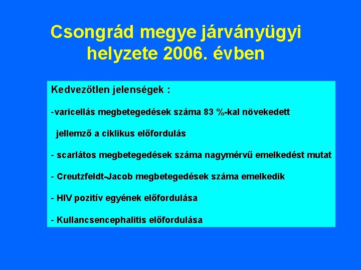 Csongrád megye járványügyi helyzete 2006. évben Kedvezőtlen jelenségek : -varicellás megbetegedések száma 83 %-kal