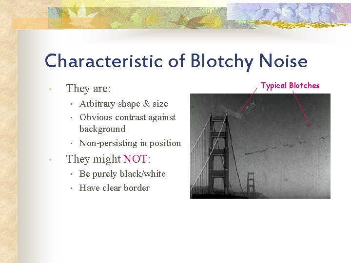 Characteristic of Blotchy Noise • They are: • • Arbitrary shape & size Obvious