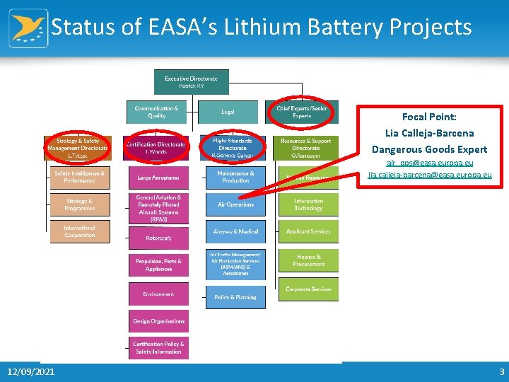 Status of EASA’s Lithium Battery Projects Focal Point: Lia Calleja-Barcena Dangerous Goods Expert air_ops@easa.