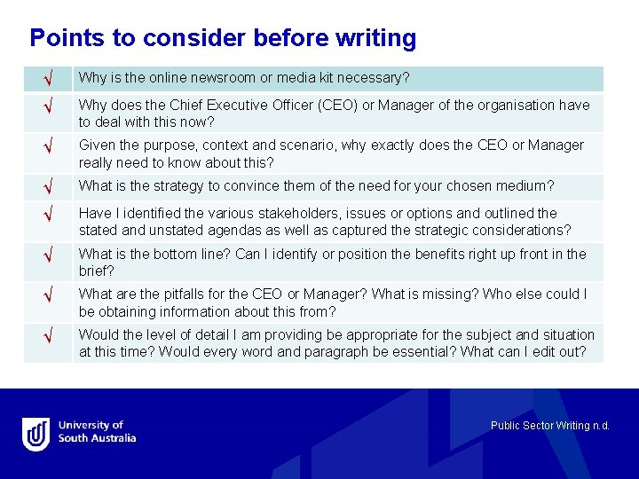 Points to consider before writing √ Why is the online newsroom or media kit