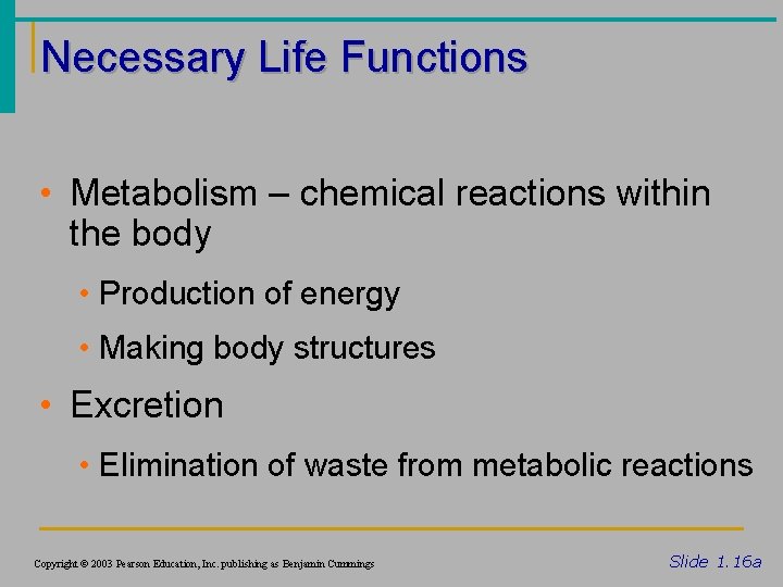Necessary Life Functions • Metabolism – chemical reactions within the body • Production of
