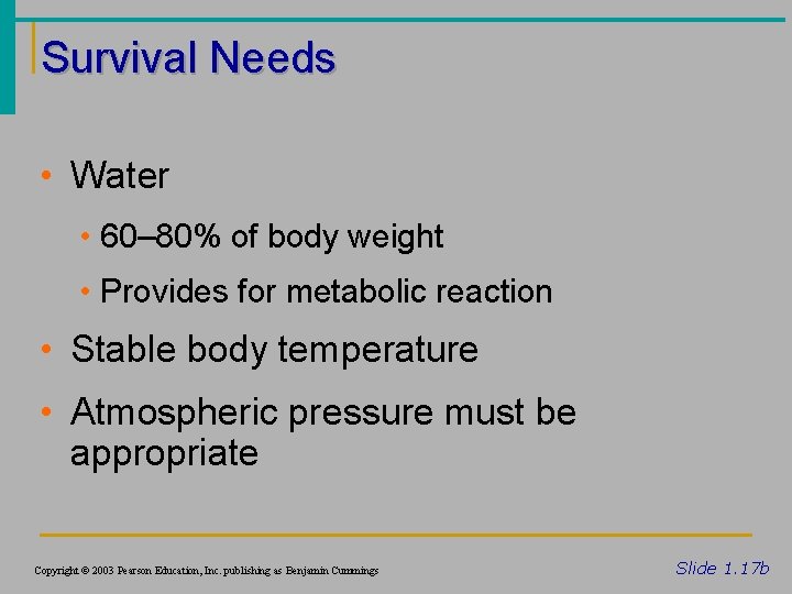 Survival Needs • Water • 60– 80% of body weight • Provides for metabolic