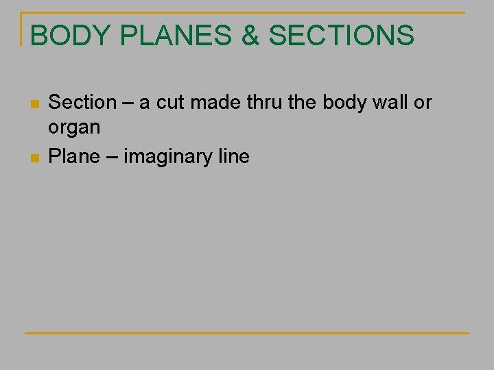 BODY PLANES & SECTIONS n n Section – a cut made thru the body