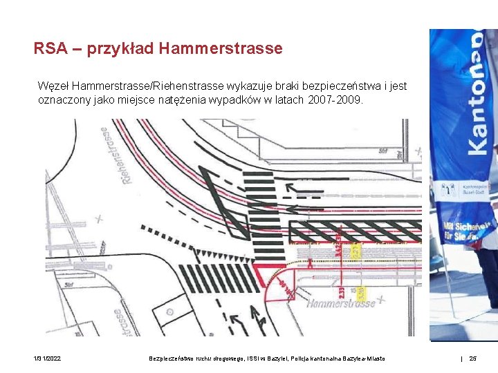 RSA – przykład Hammerstrasse Węzeł Hammerstrasse/Riehenstrasse wykazuje braki bezpieczeństwa i jest oznaczony jako miejsce