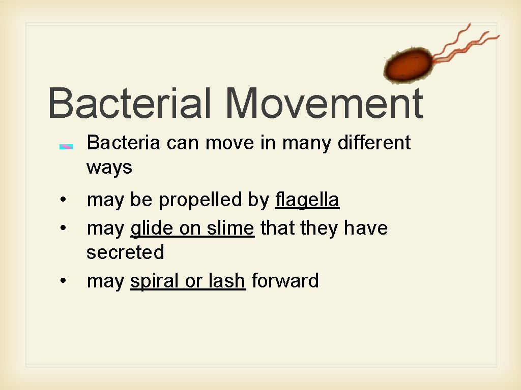 Bacterial Movement Bacteria can move in many different ways • may be propelled by