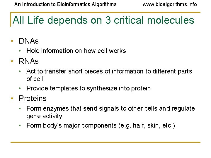 An Introduction to Bioinformatics Algorithms www. bioalgorithms. info All Life depends on 3 critical An Introduction to Bioinformatics Algorithms www. bioalgorithms. info All Life depends on 3 critical