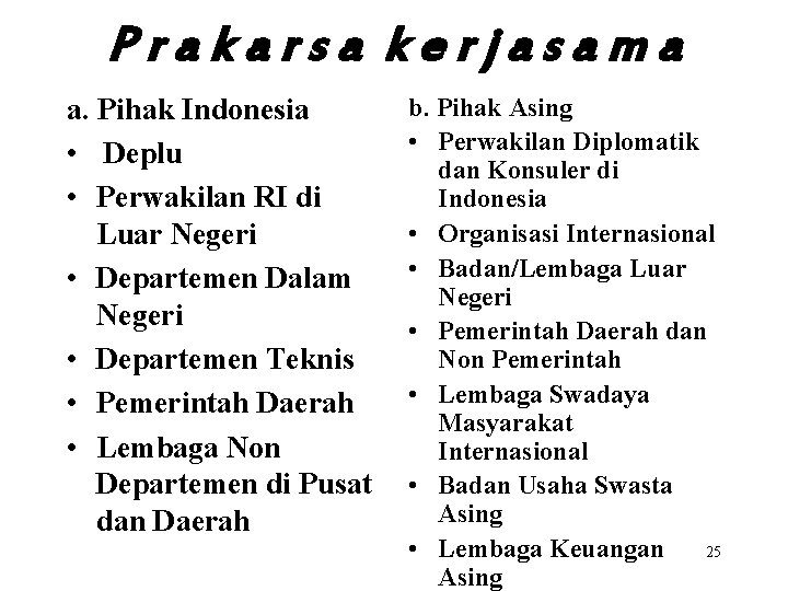 Prakarsa kerjasama a. Pihak Indonesia • Deplu • Perwakilan RI di Luar Negeri •