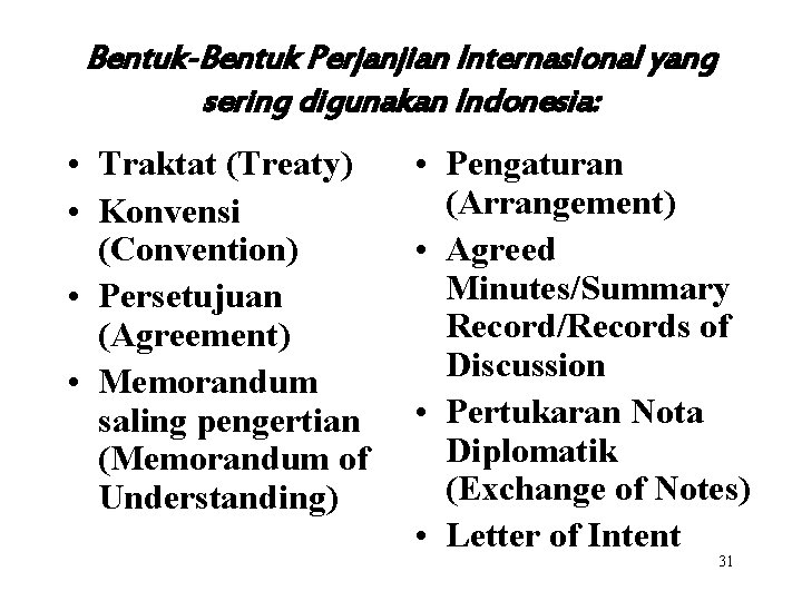 Bentuk-Bentuk Perjanjian Internasional yang sering digunakan Indonesia: • Traktat (Treaty) • Konvensi (Convention) •