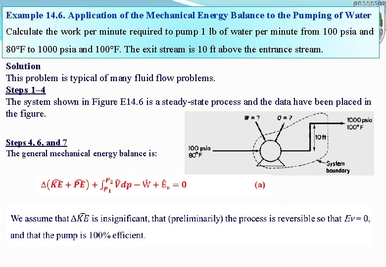 Example 14. 6. Application of the Mechanical Energy Balance to the Pumping of Water