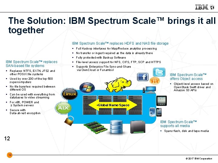 The Solution: IBM Spectrum Scale™ brings it all together IBM Spectrum Scale™ replaces HDFS