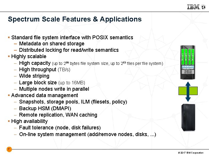 Spectrum Scale Features & Applications Linux Standard file system interface with POSIX semantics –