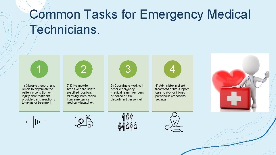 Common Tasks for Emergency Medical Technicians. 1 1) Observe, record, and report to physician