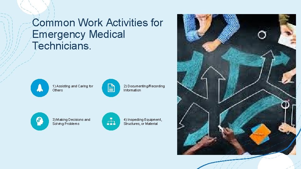 Common Work Activities for Emergency Medical Technicians. 1) Assisting and Caring for Others 2)